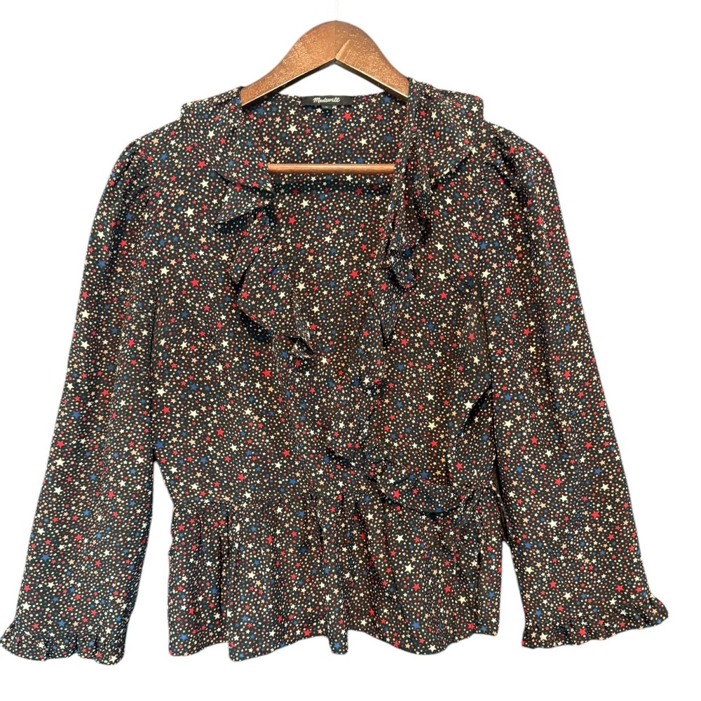 Madewell Silk Star Print Ruffle Wrap Top Celestial Medium Boho